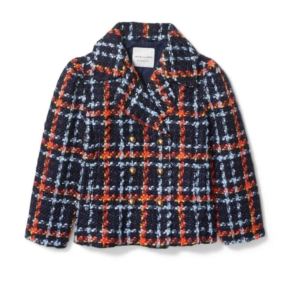 • Janie and Jack • Girls Merchant Marine Plaid Boucle Coat Blue Gold 18-24